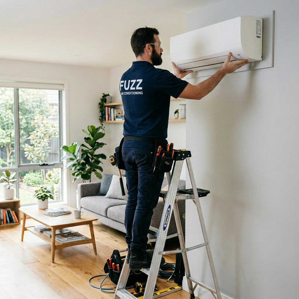 Licensed Fuzz Air Conditioning technician installing a wall-mounted split system